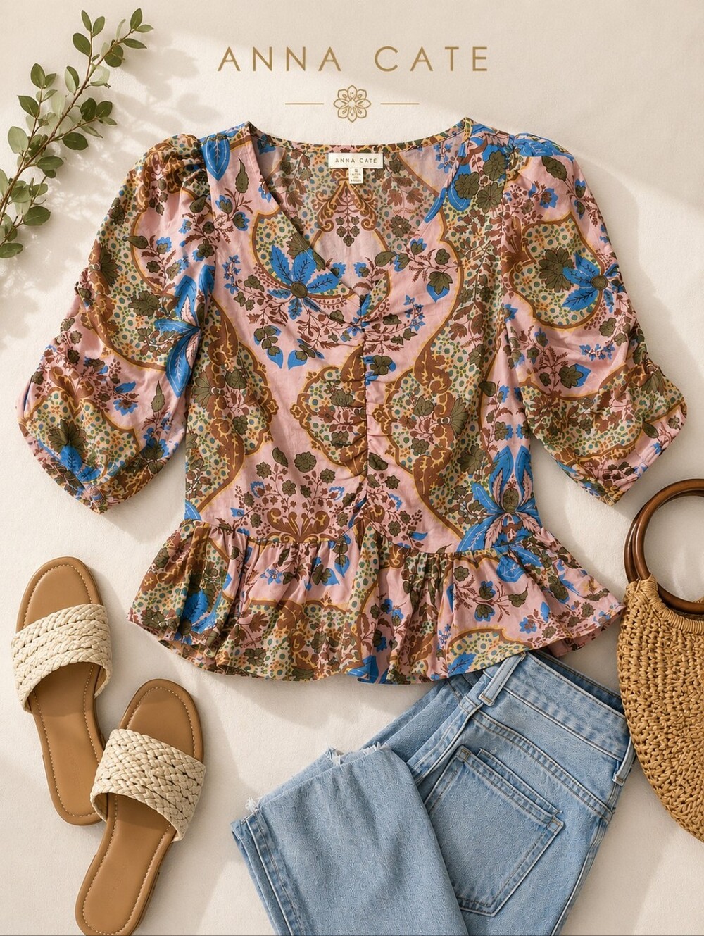 Anna Cate Pink Floral Peplum Blouse | 100% Cotton | Puff Sleeve | SmallCover pho